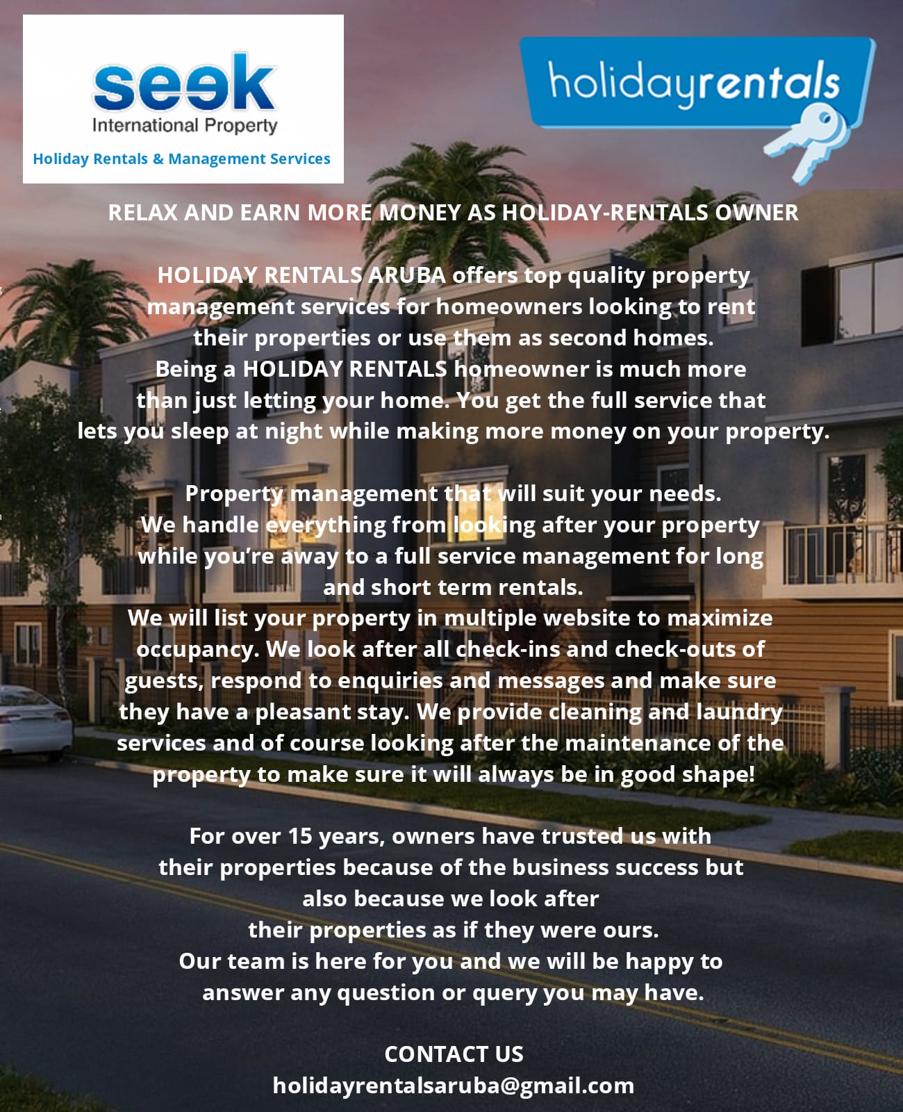 Holiday Rentals Aruba offers a full Holiday Home Management