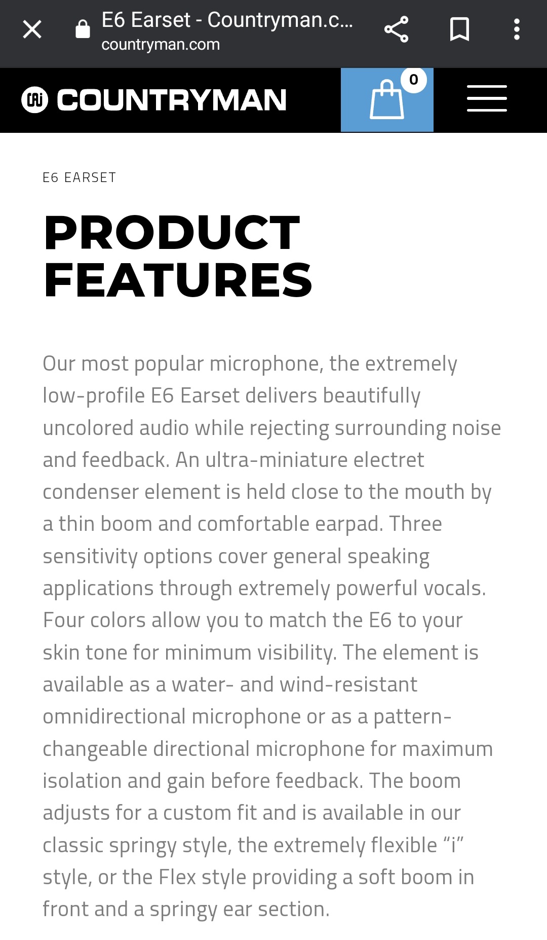 Countryman E6 Directional Earset (lavalier) Microphone